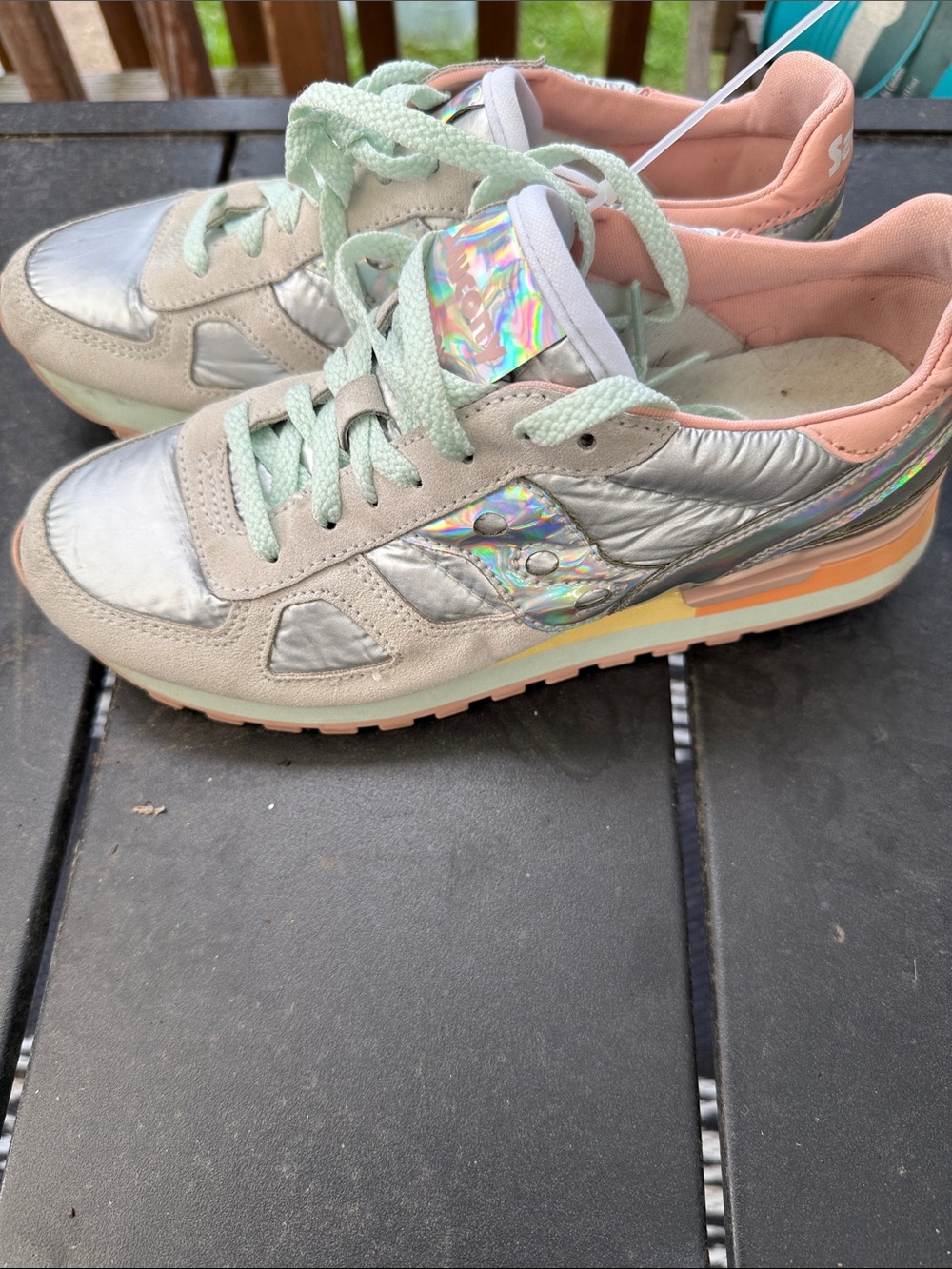 Saucony Shadow sneakers in iridescent silver, mint, and peach